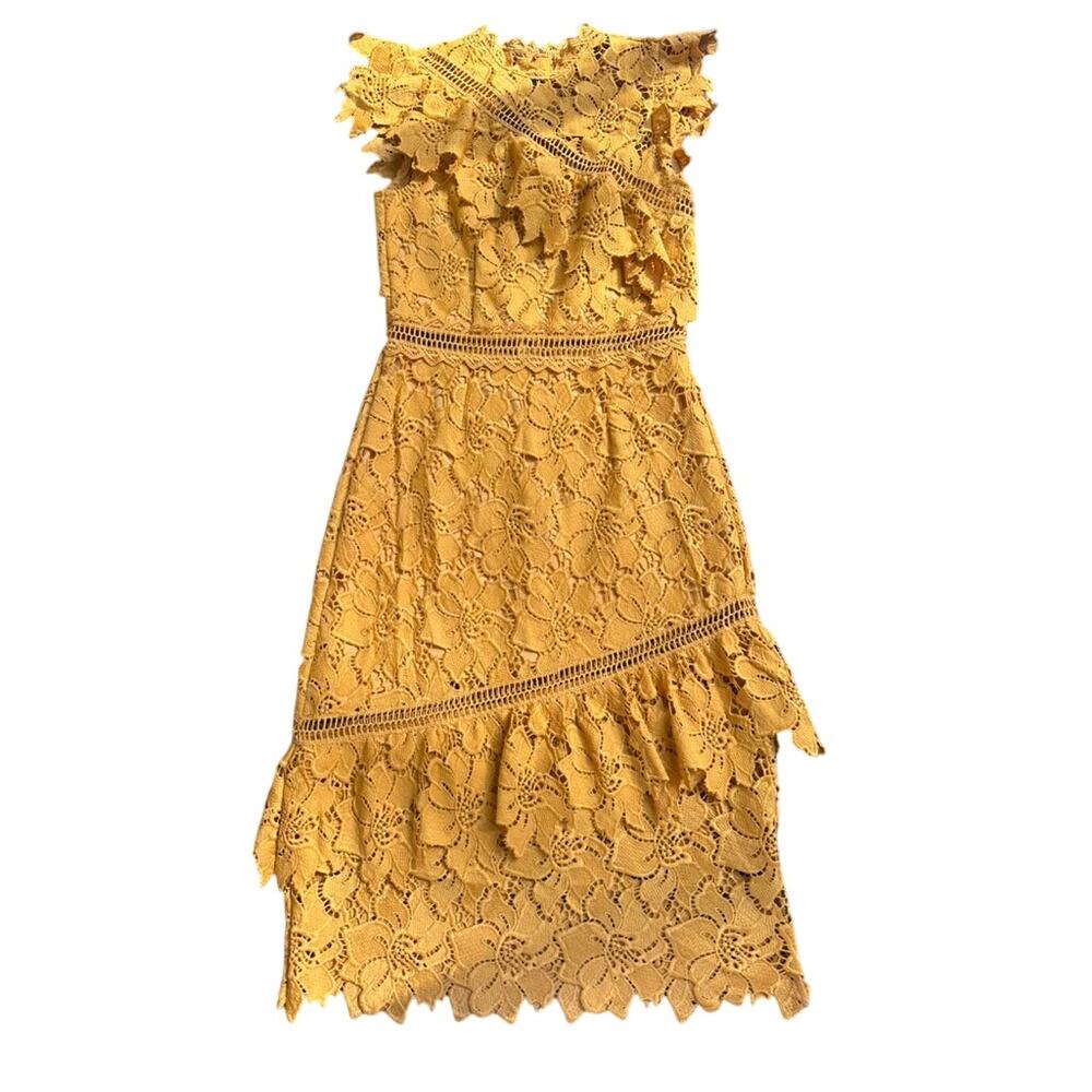 Saylor Sophia Asymmetrical Mustard Lace Ruffle Mini Dress XS